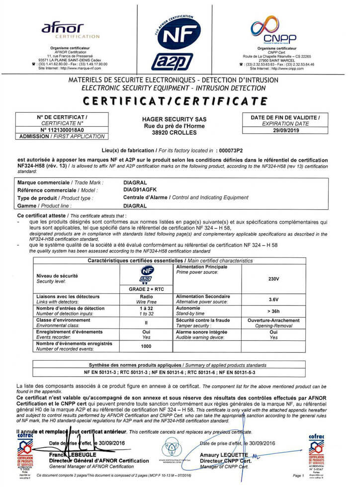 Certificat NFA2P délivré pour la nouvelle centrale d'alarme Diagral (réf. DIAG91AGFK)