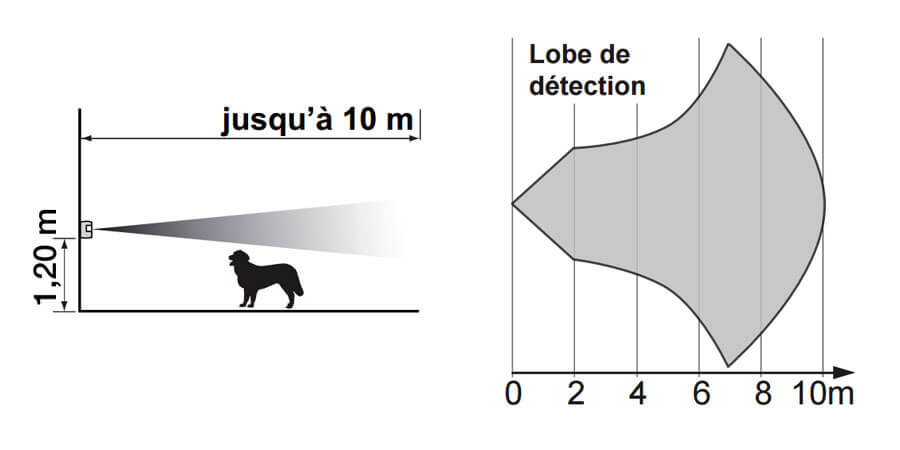Zone de détection du détecteur de mouvement Somfy pour gros animaux