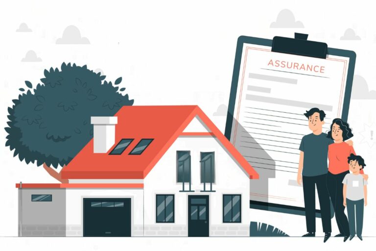 Illustration d'une famille devant sa maison avec leur contrat d'assurance habitation